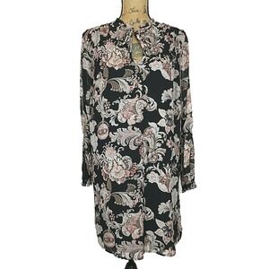 Ann Taylor LOFT Dress SMALL Black Pink Gray Floral Long Sl Shift Keyhole Bow Tie